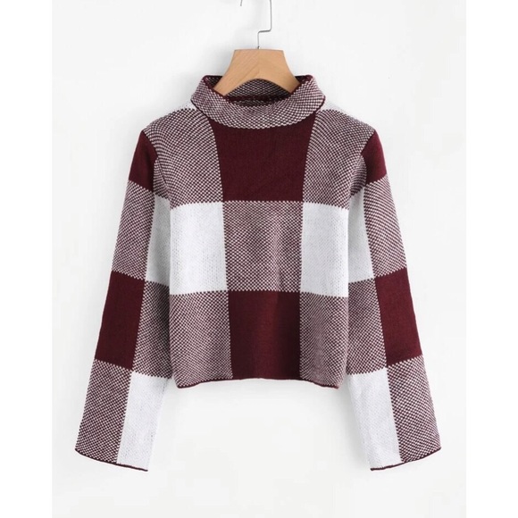 Sweaters - High Neck Gingham Crop Sweater